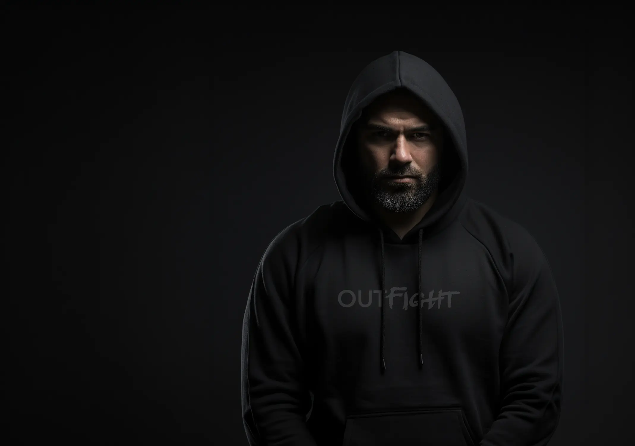 Boxer in a black OUTFight hooded sweatshirt